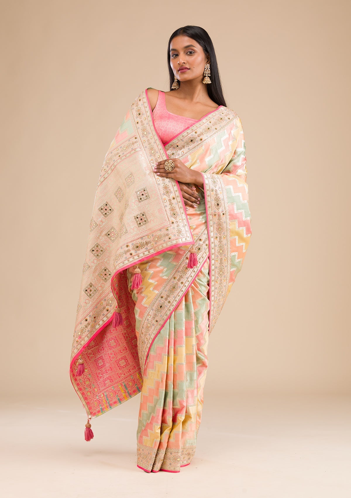 Peach Stonework Banarasi Silk Saree-Koskii