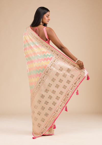 Peach Stonework Banarasi Silk Saree-Koskii