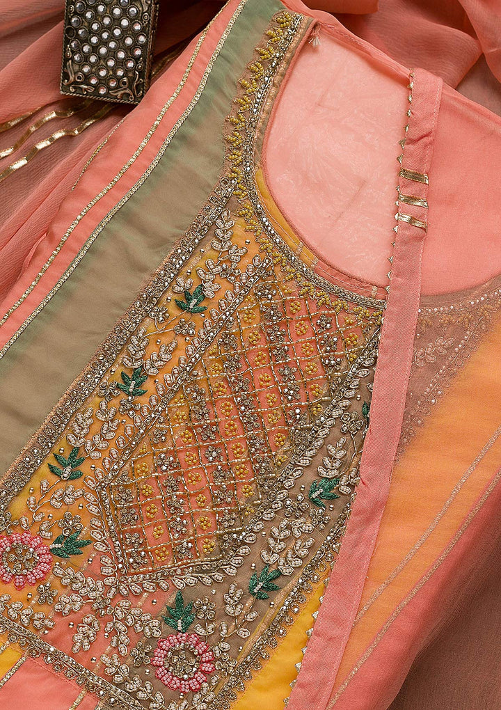Peach Stonework Georgette Unstitched Salwar Suit-Koskii