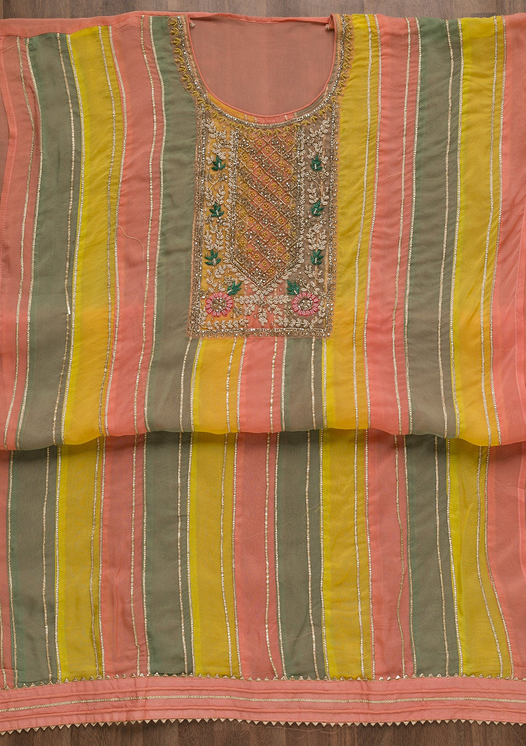 Peach Stonework Georgette Unstitched Salwar Suit-Koskii