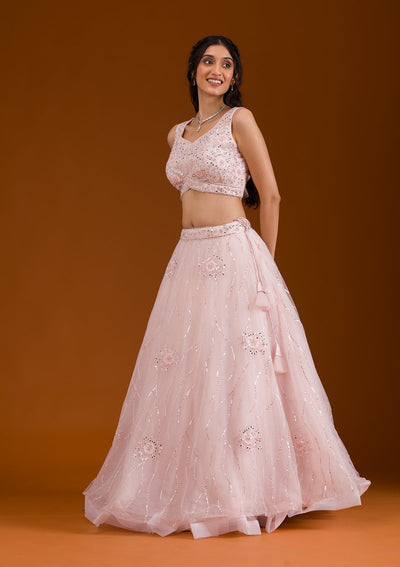 Peach Stonework Mirrorwork Readymade Lehenga-Koskii