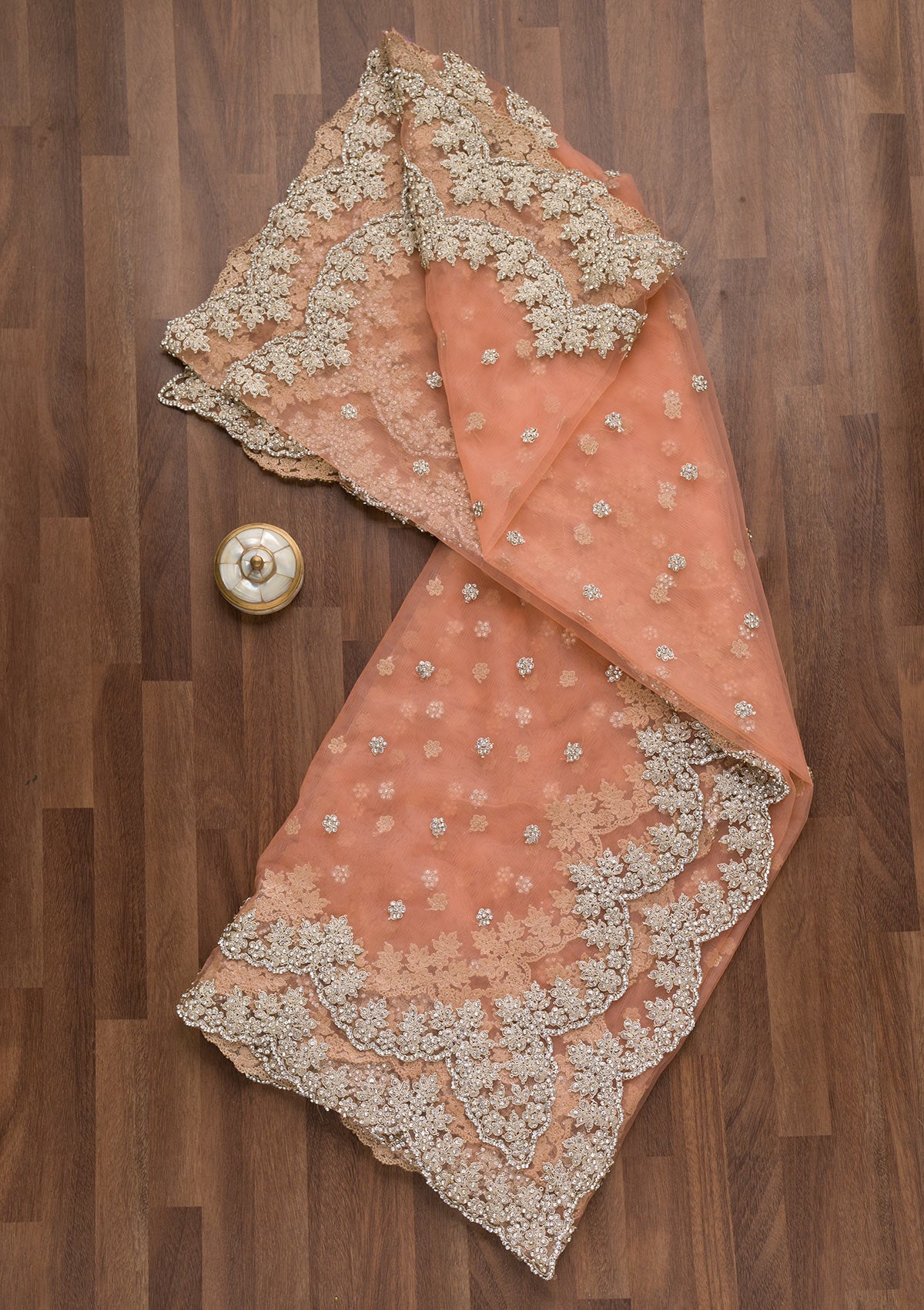 Peach Stonework Net Dupatta-Koskii