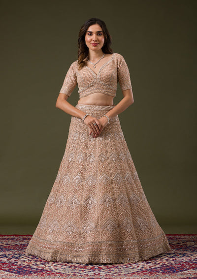 Peach Stonework Net Readymade Lehenga-Koskii