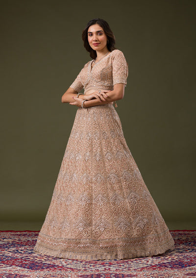 Peach Stonework Net Readymade Lehenga-Koskii