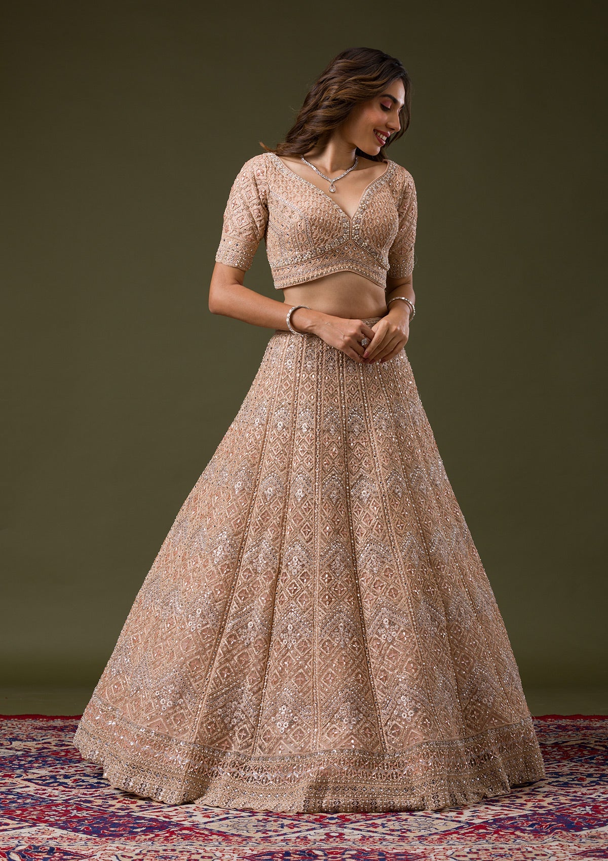 Peach Stonework Net Readymade Lehenga-Koskii