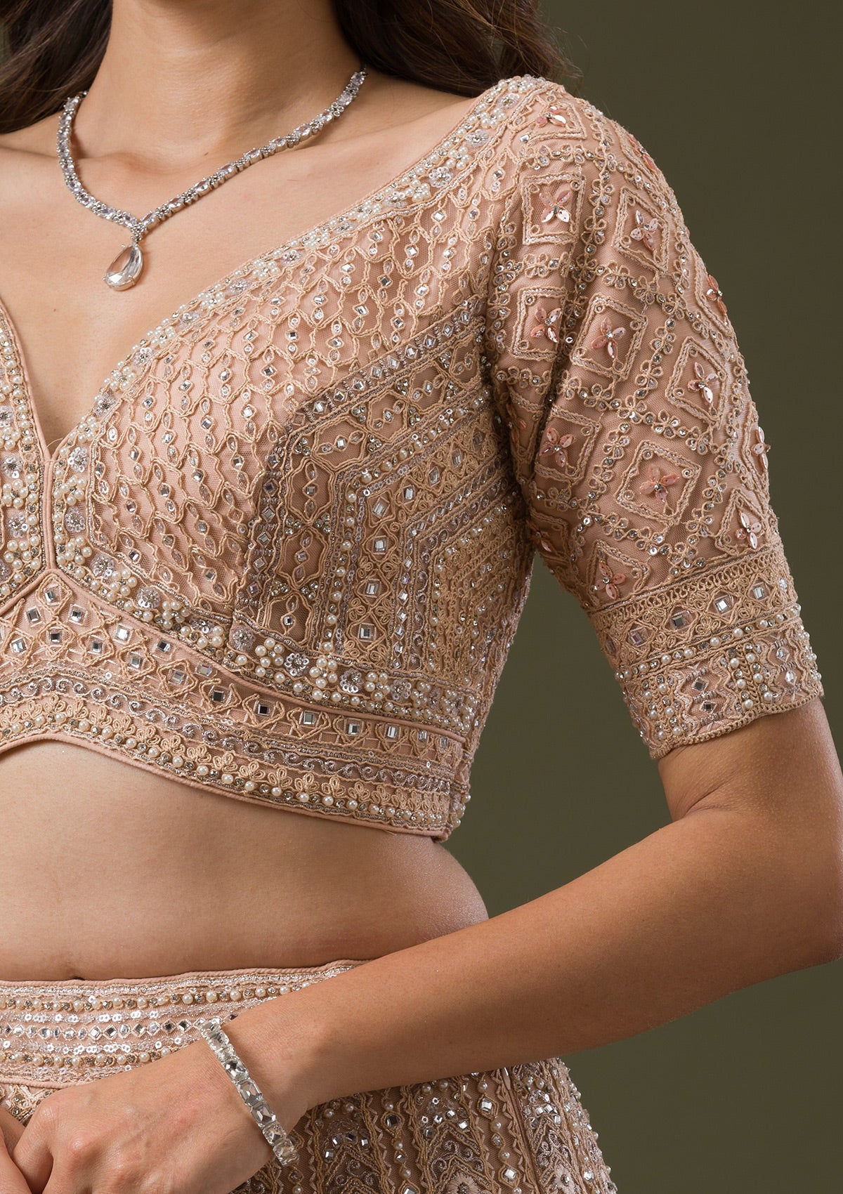 Peach Stonework Net Readymade Lehenga-Koskii