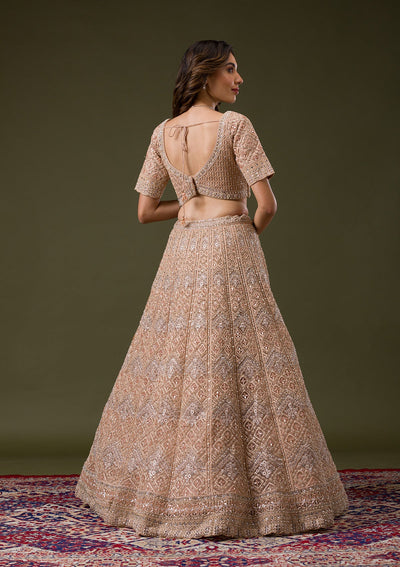 Peach Stonework Net Readymade Lehenga-Koskii