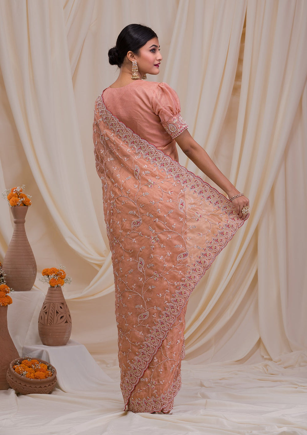 Peach Stonework Net Saree-Koskii