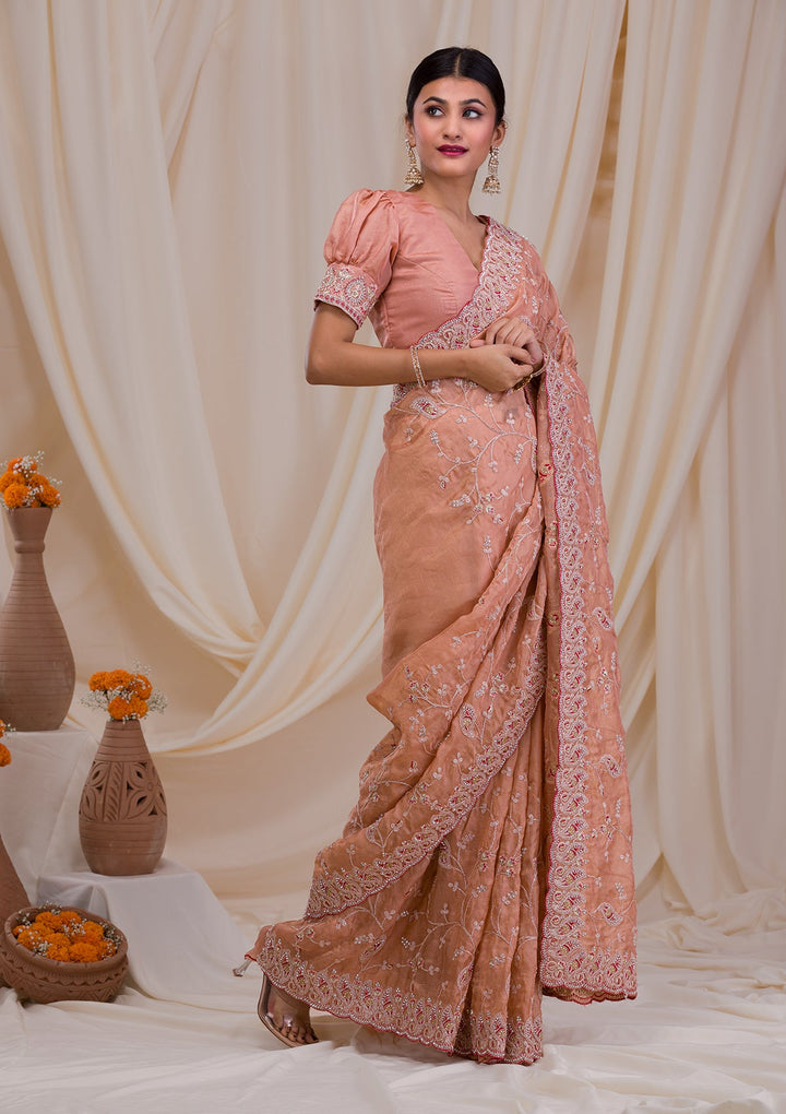 Peach Stonework Net Saree-Koskii