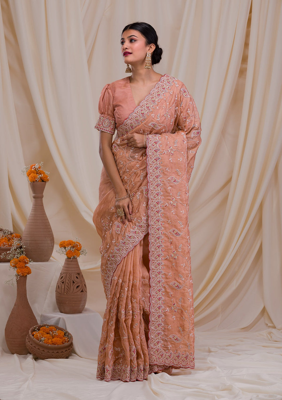 Peach Stonework Net Saree-Koskii