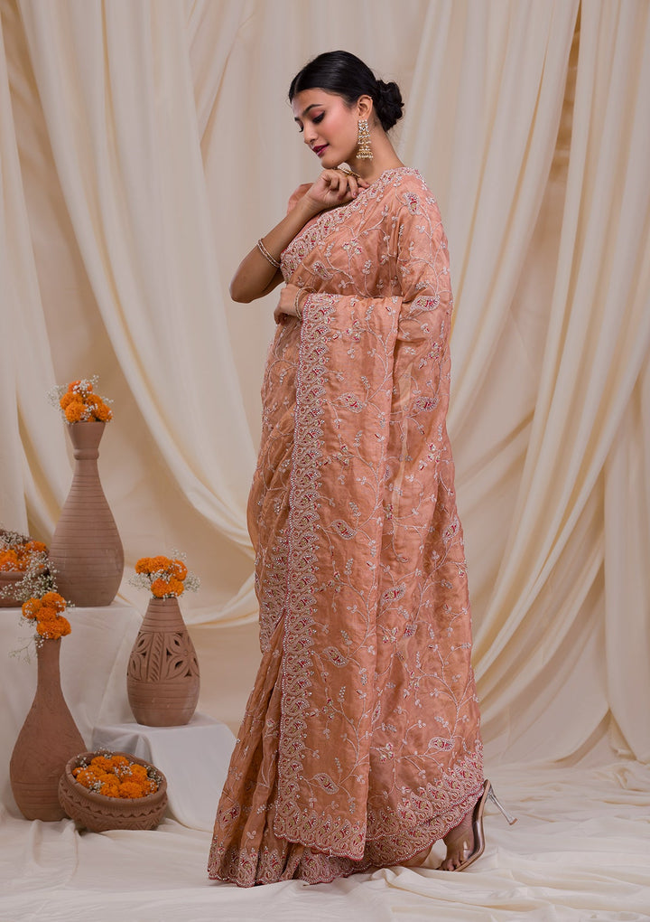 Peach Stonework Net Saree-Koskii