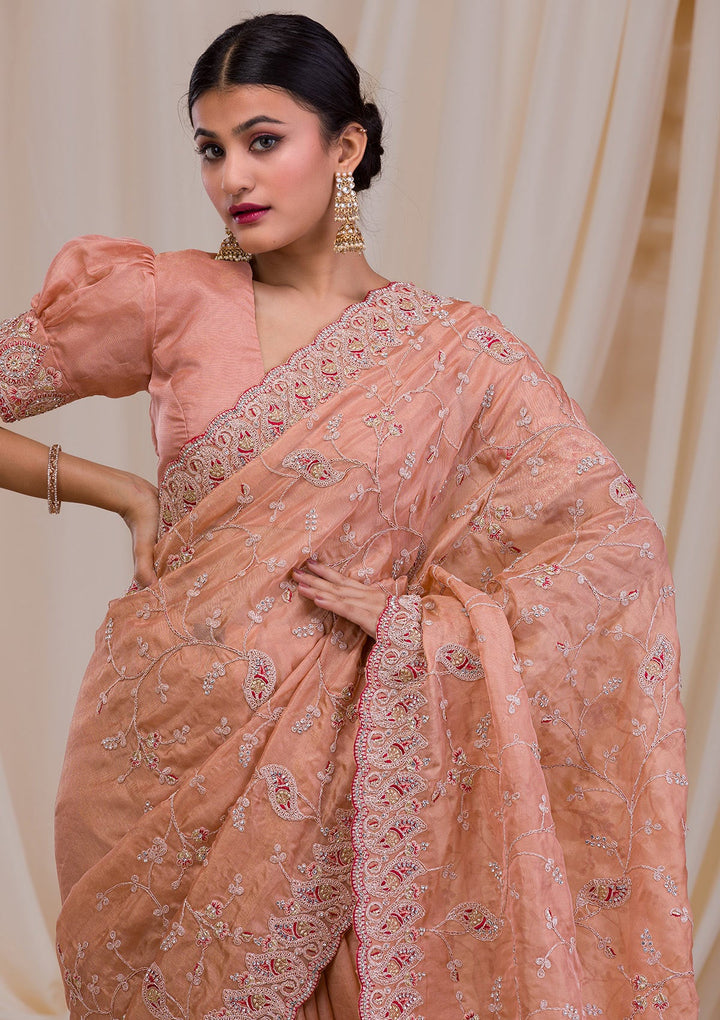 Peach Stonework Net Saree-Koskii