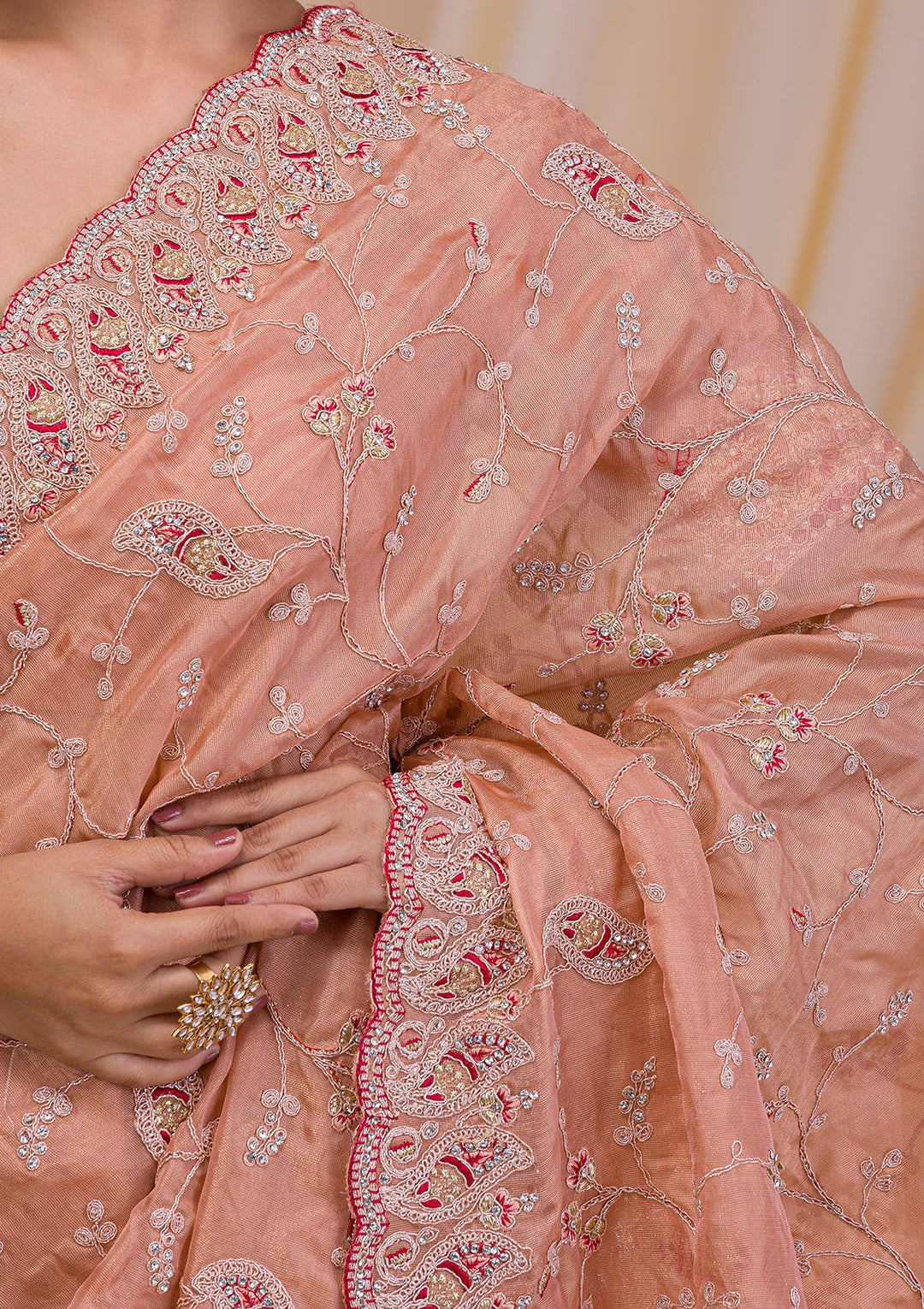 Peach Stonework Net Saree-Koskii