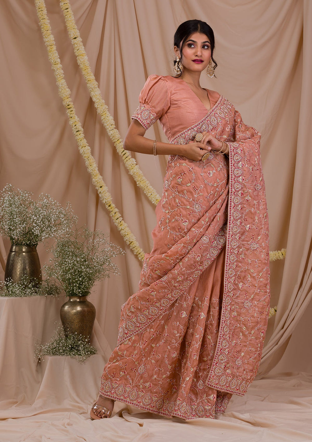 Peach Stonework Net Saree-Koskii