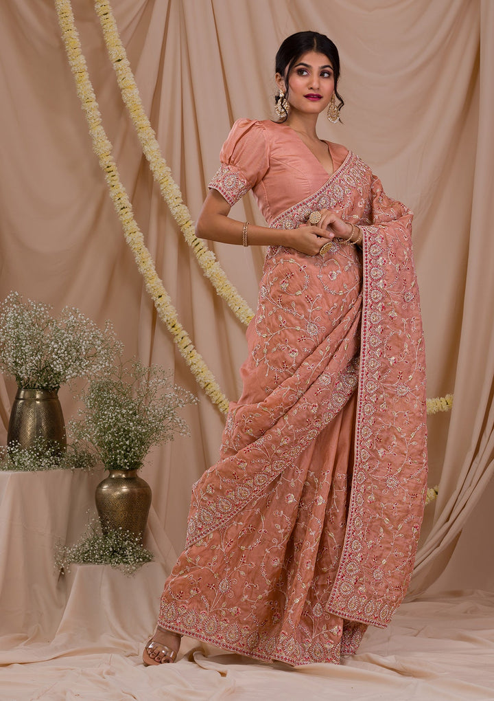 Peach Stonework Net Saree-Koskii