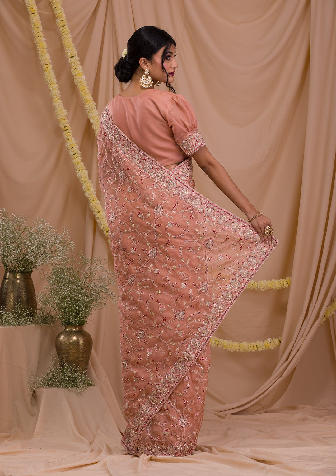 Peach Stonework Net Saree-Koskii