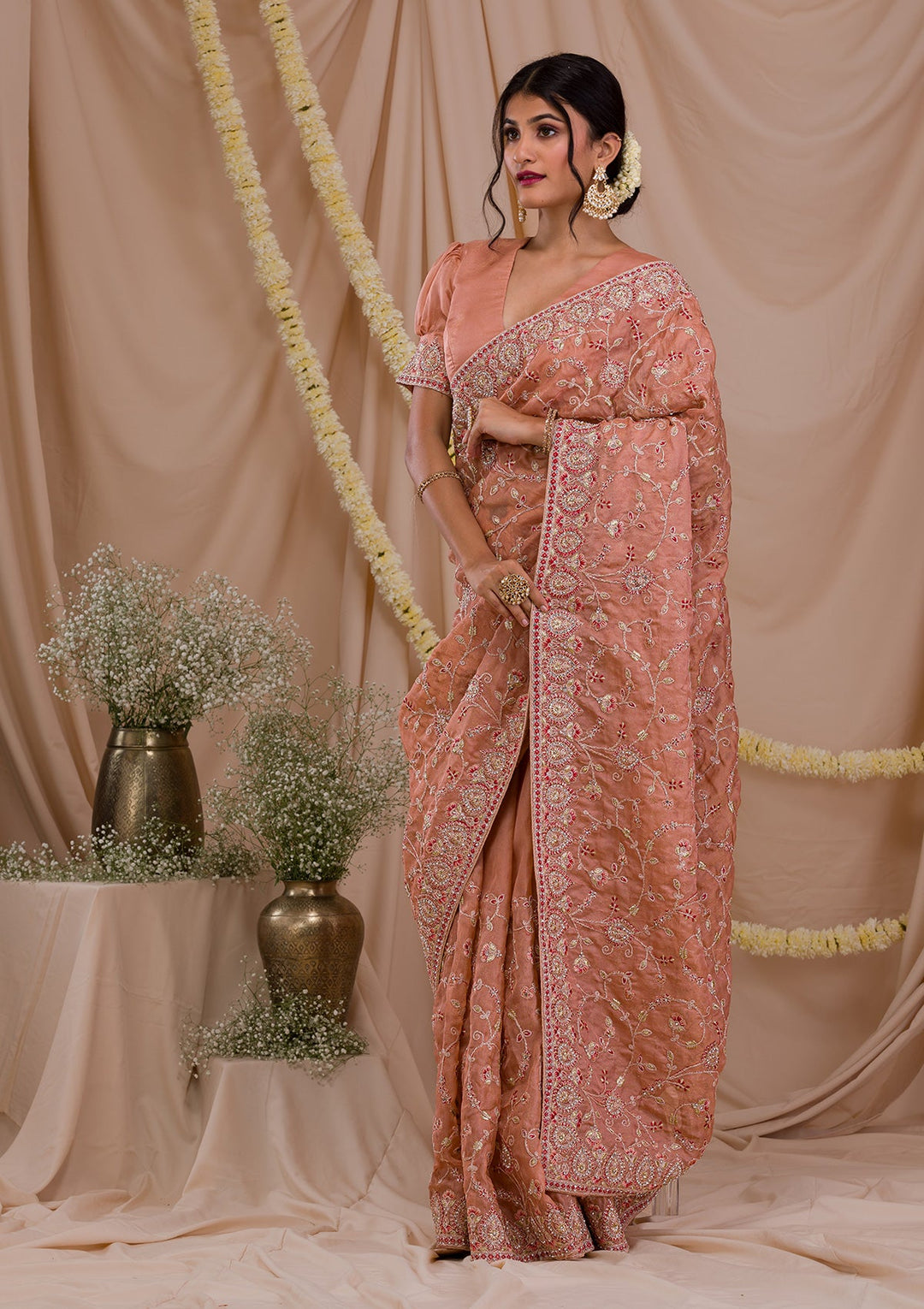 Peach Stonework Net Saree-Koskii