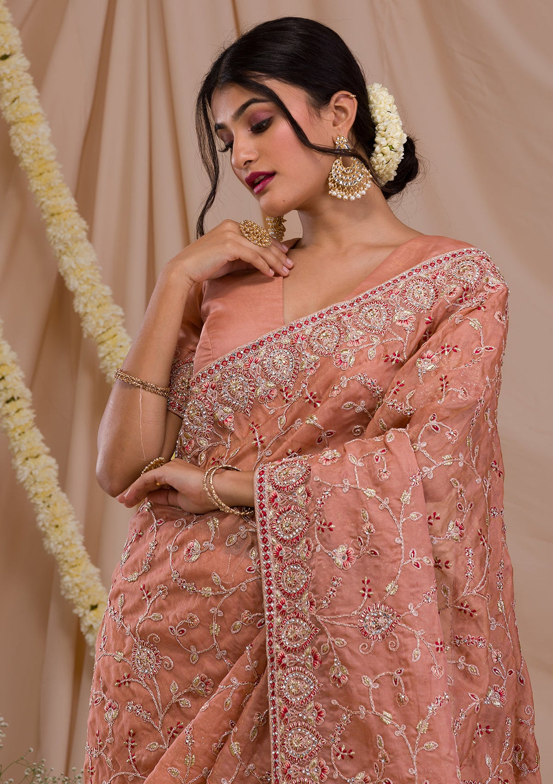 Peach Stonework Net Saree-Koskii