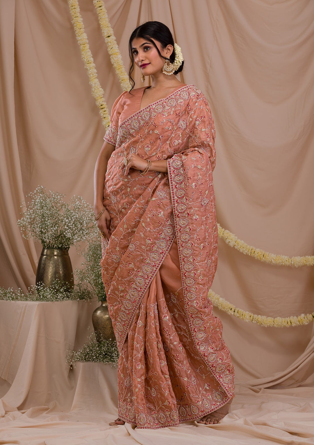 Peach Stonework Net Saree-Koskii