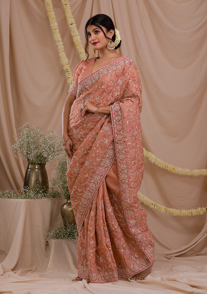 Peach Stonework Net Saree-Koskii