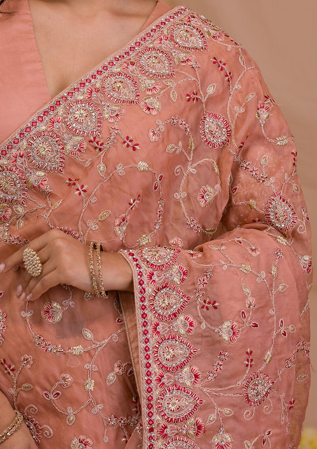 Peach Stonework Net Saree-Koskii