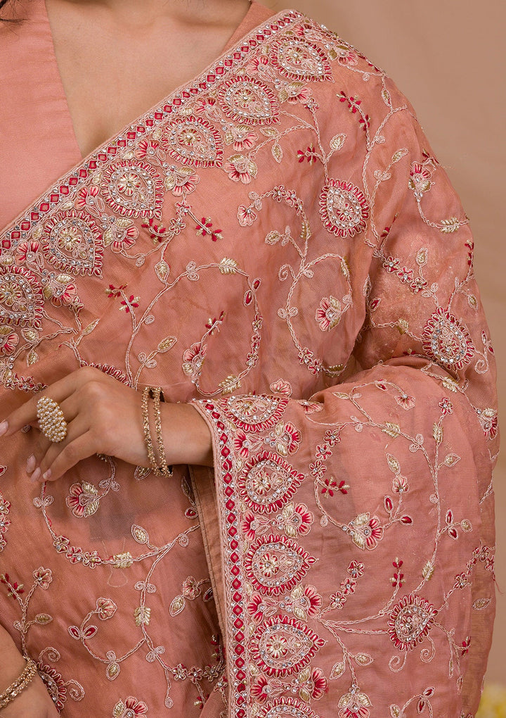 Peach Stonework Net Saree-Koskii