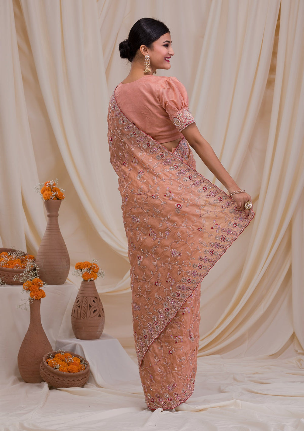 Peach Stonework Net Saree-Koskii