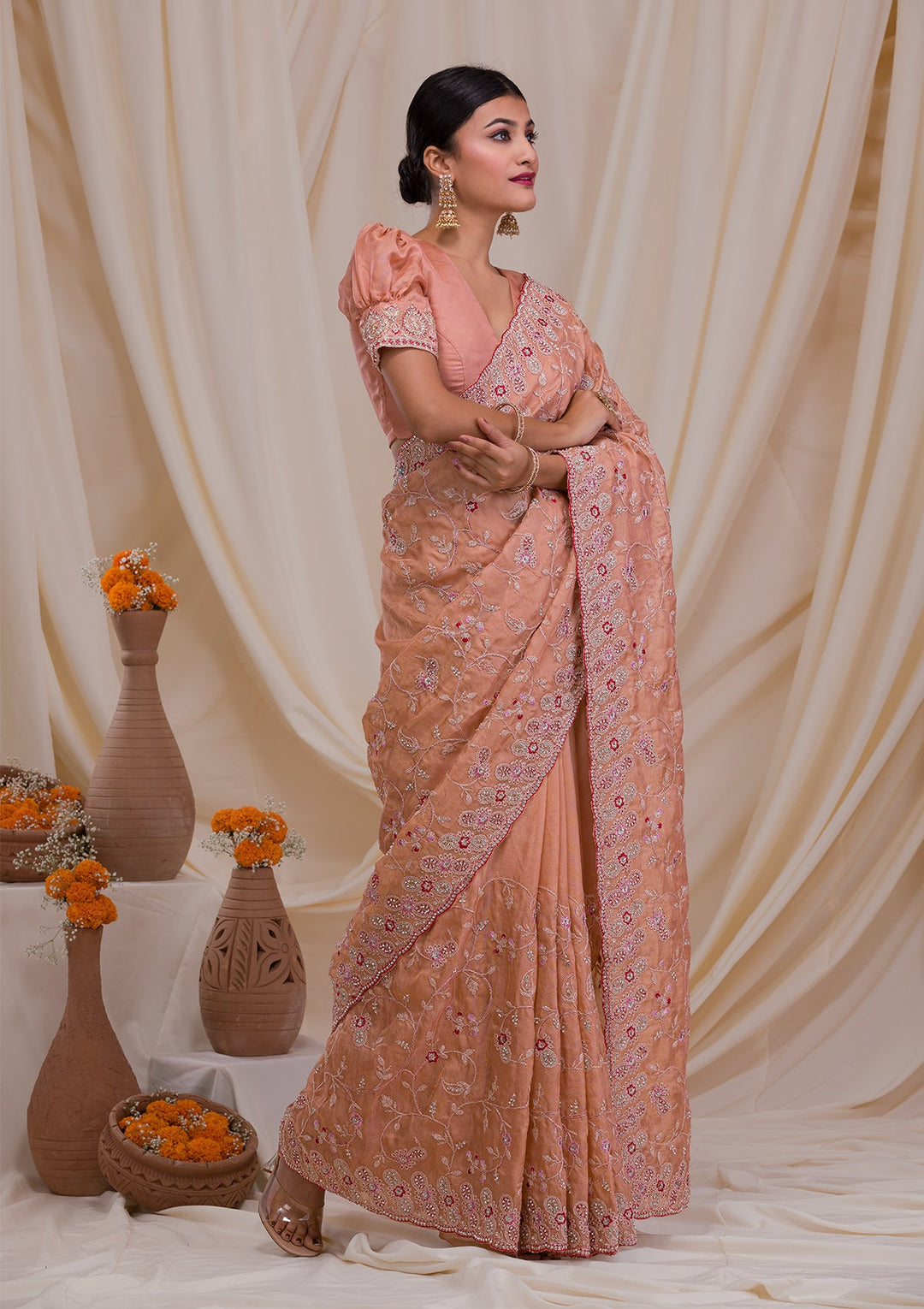 Peach Stonework Net Saree-Koskii