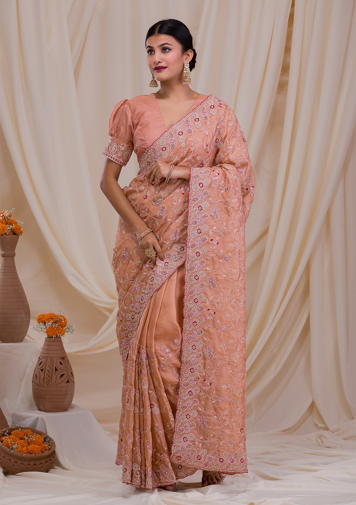 Peach Stonework Net Saree-Koskii