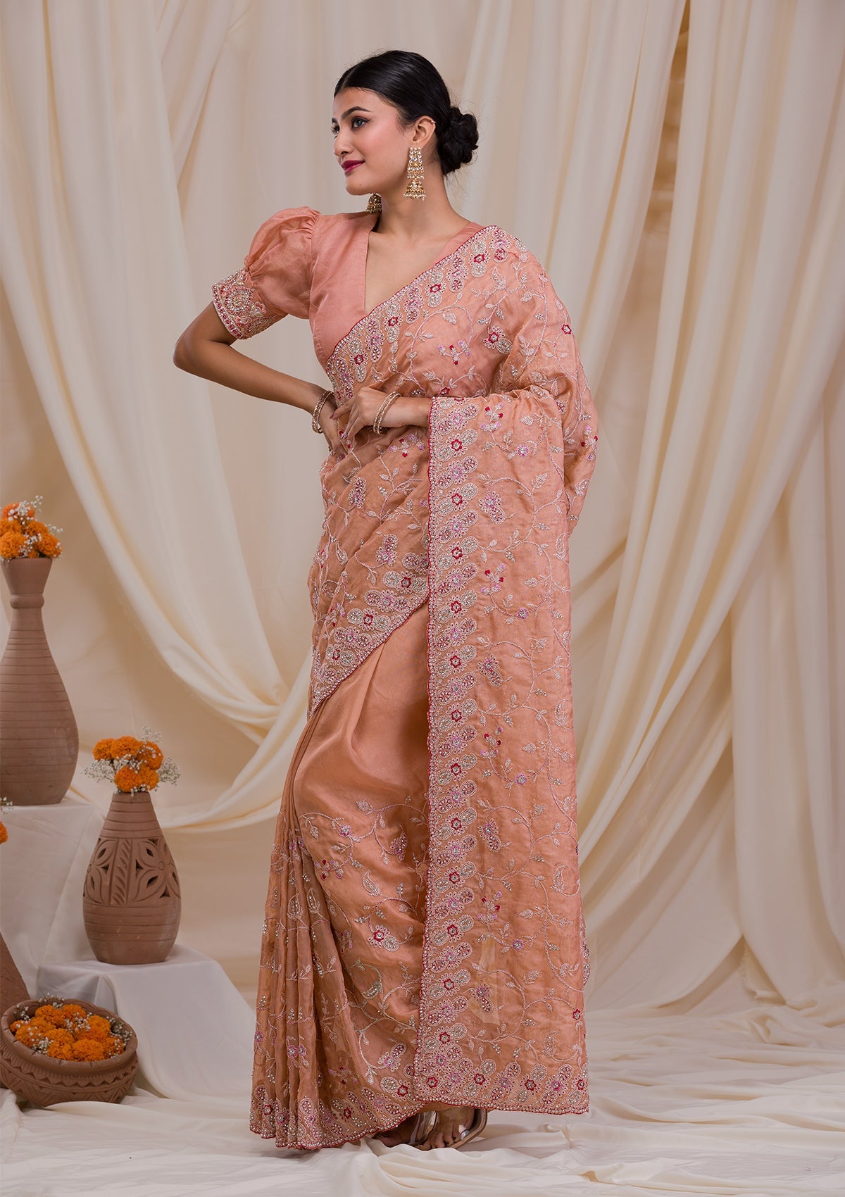 Peach Stonework Net Saree-Koskii