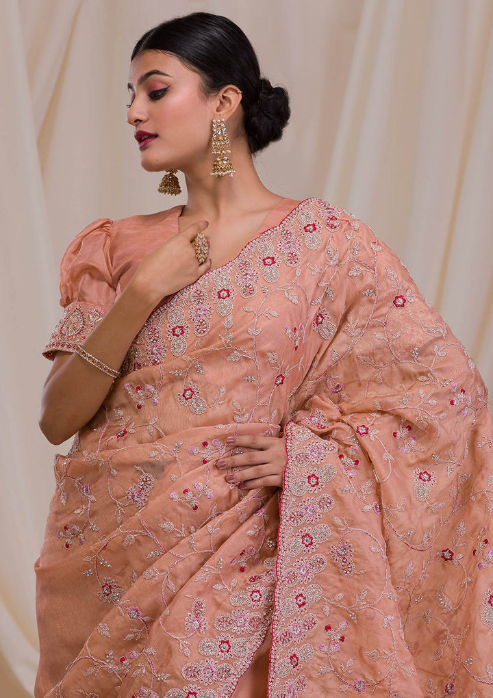 Peach Stonework Net Saree-Koskii