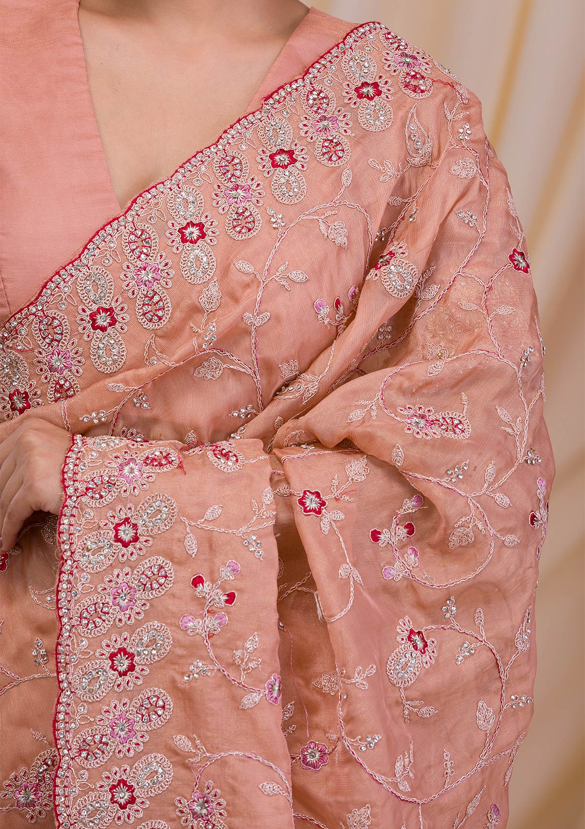 Peach Stonework Net Saree-Koskii