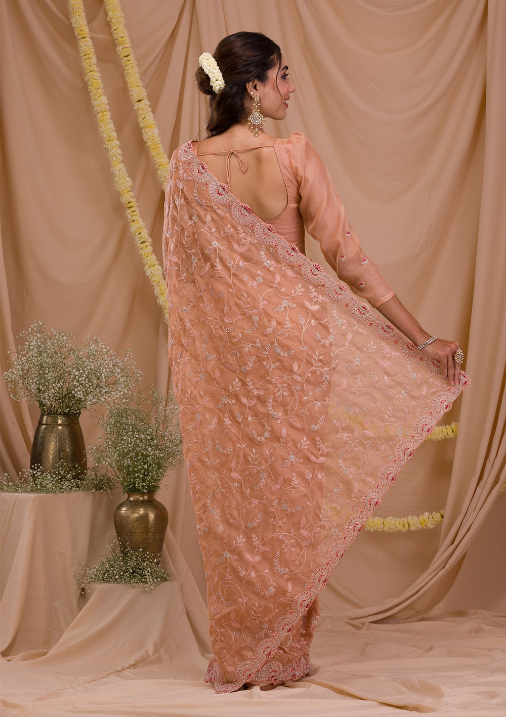 Peach Stonework Net Saree-Koskii