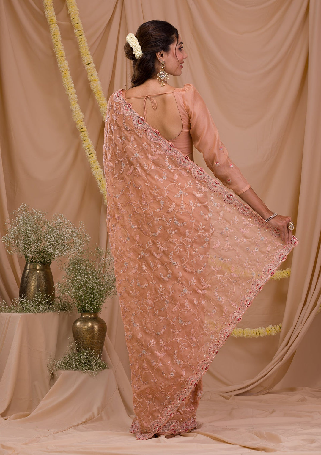 Peach Stonework Net Saree-Koskii