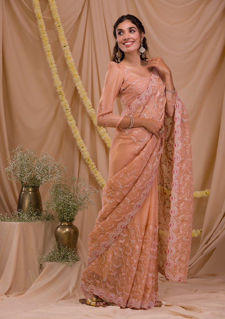 Peach Stonework Net Saree-Koskii