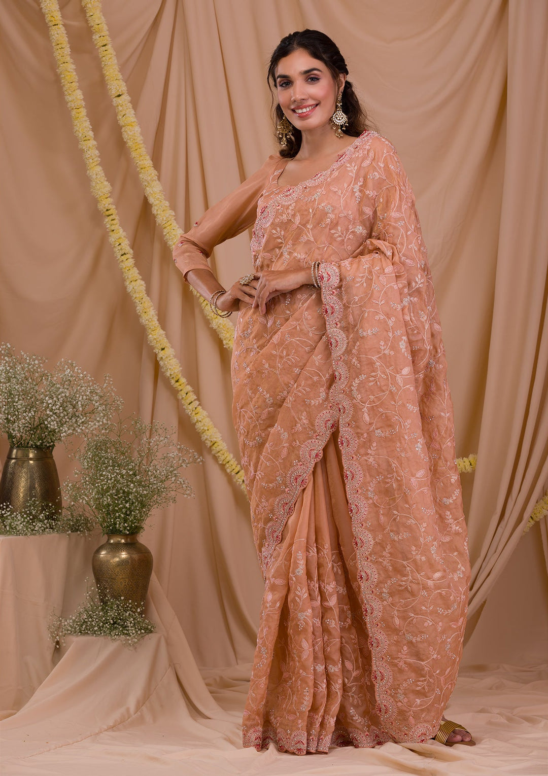 Peach Stonework Net Saree-Koskii