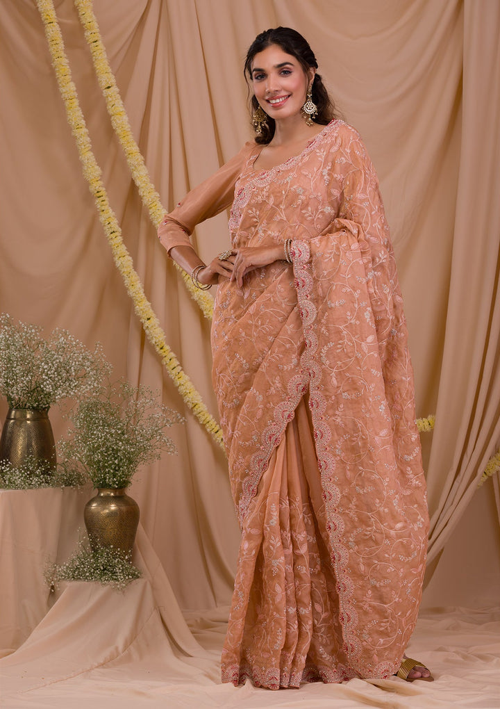 Peach Stonework Net Saree-Koskii
