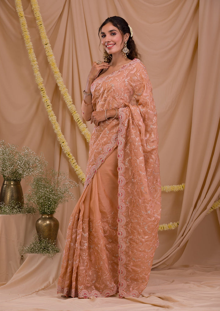 Peach Stonework Net Saree-Koskii