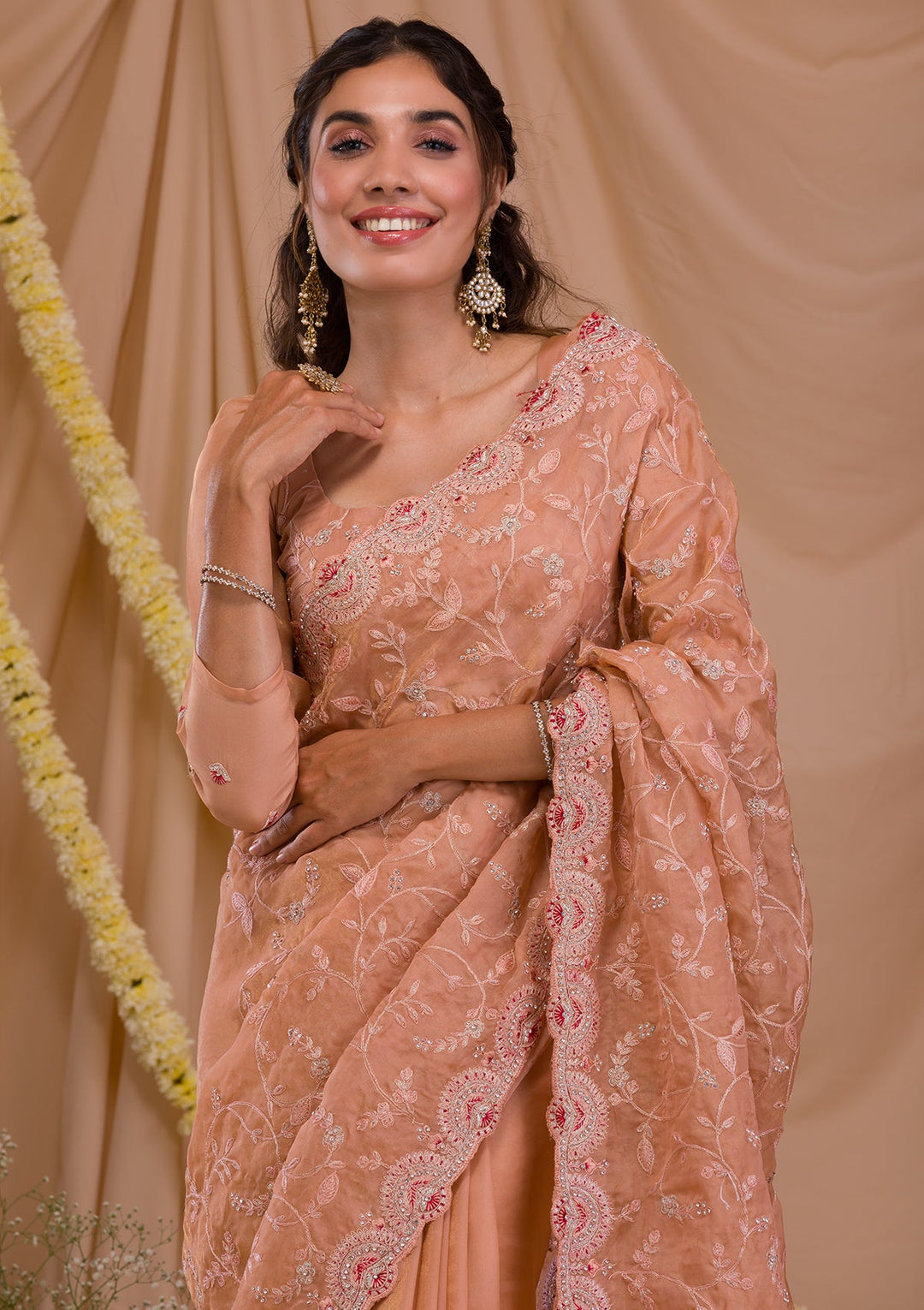 Peach Stonework Net Saree-Koskii