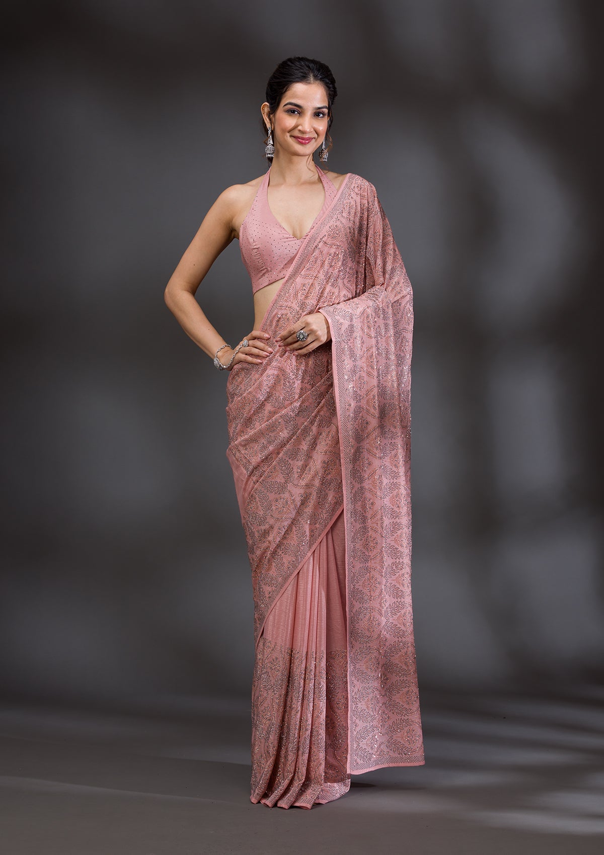 Peach Stonework Satin Saree-Koskii