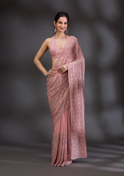 Peach Stonework Satin Saree-Koskii