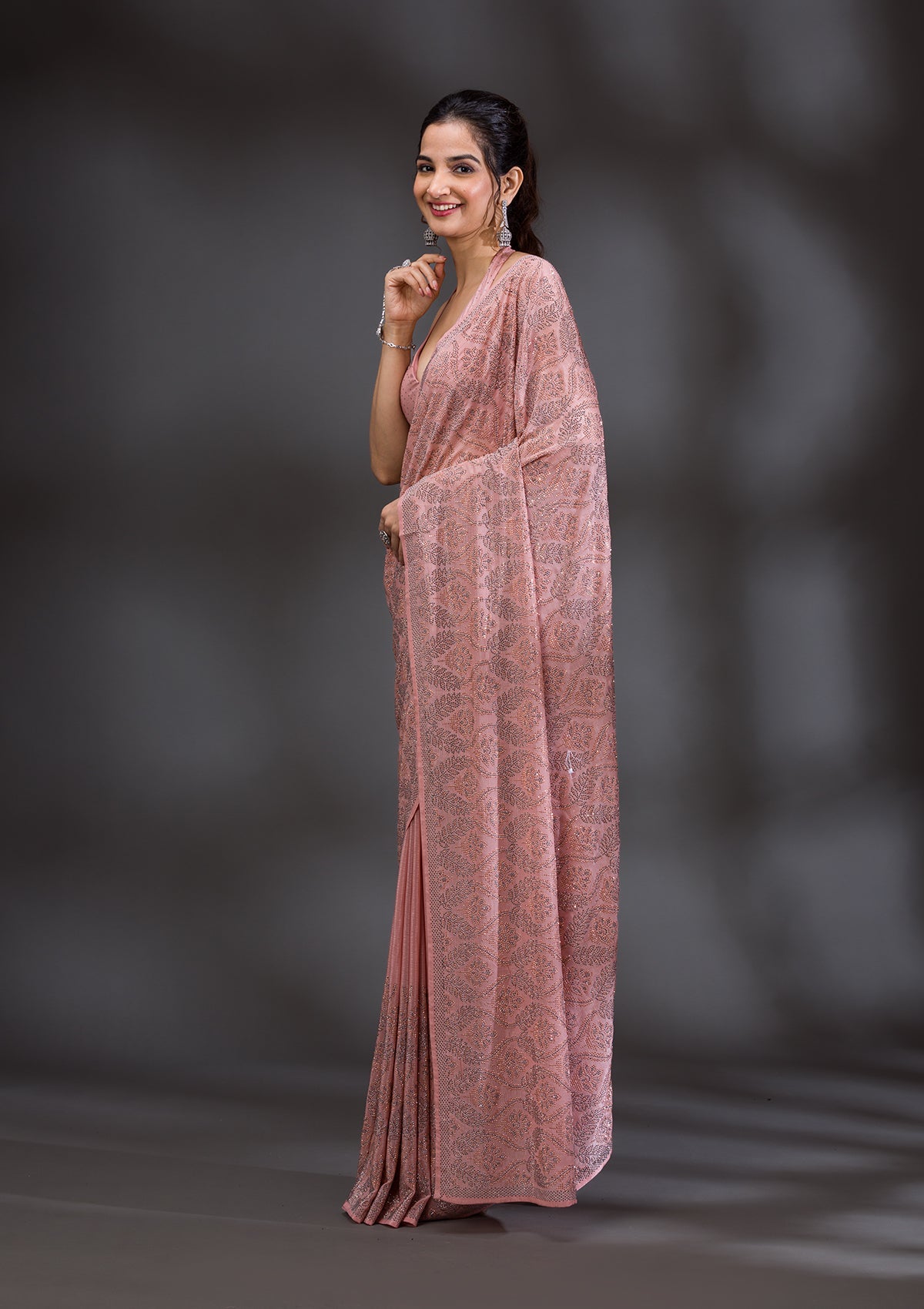 Peach Stonework Satin Saree-Koskii