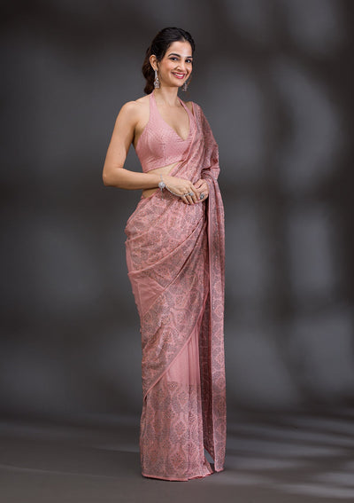 Peach Stonework Satin Saree-Koskii