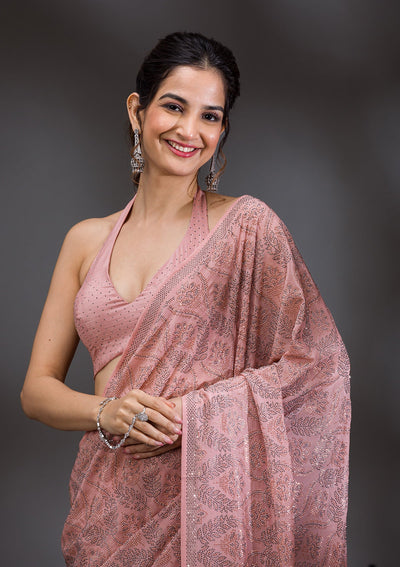 Peach Stonework Satin Saree-Koskii