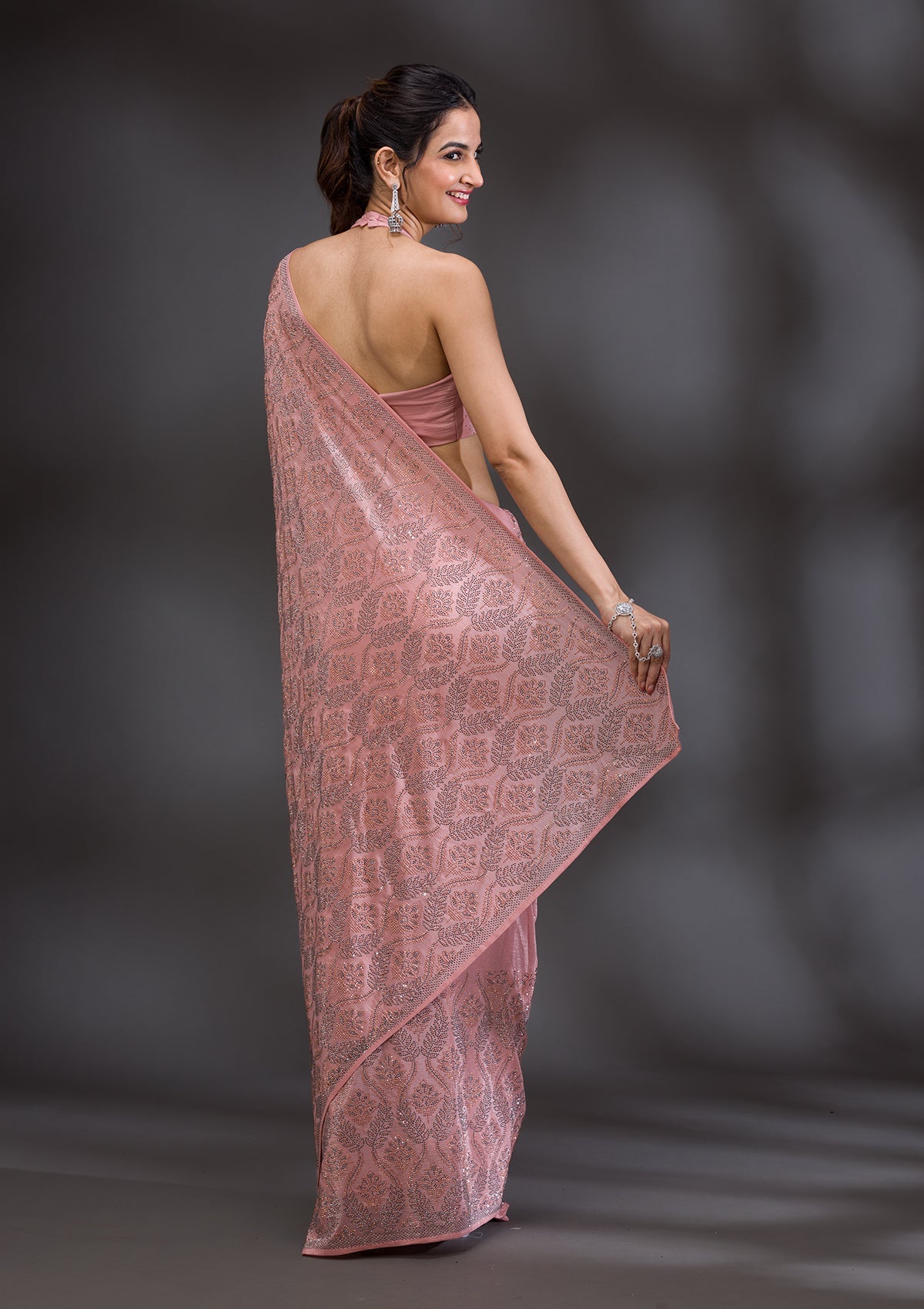 Peach Stonework Satin Saree-Koskii