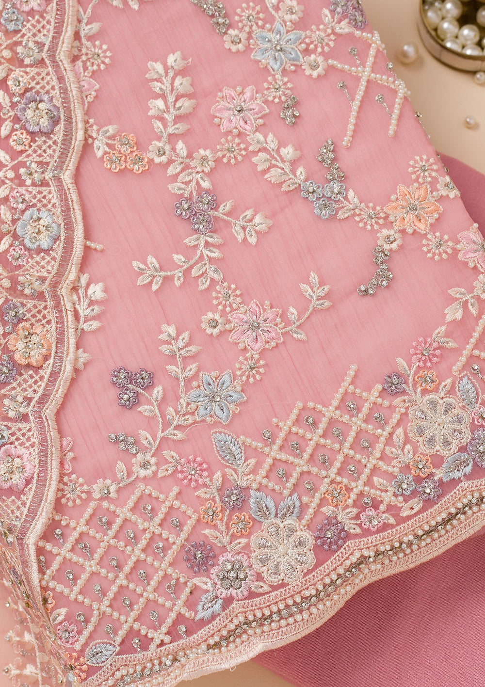 Peach Stonework Semi Crepe Unstitched Salwar Suit-Koskii