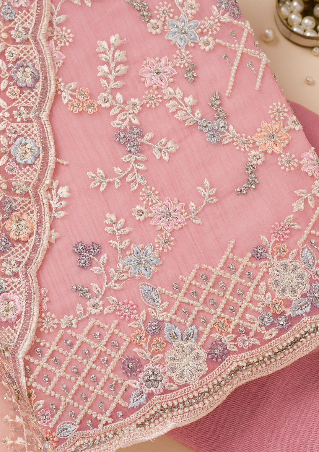 Peach Stonework Semi Crepe Unstitched Salwar Suit-Koskii