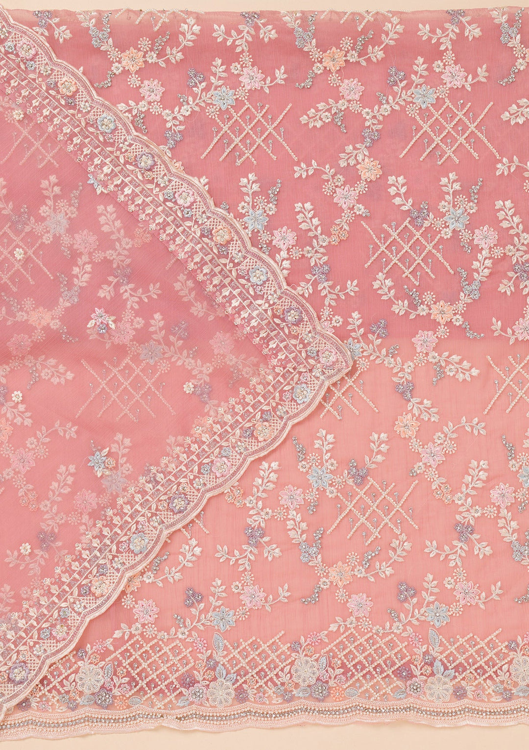 Peach Stonework Semi Crepe Unstitched Salwar Suit-Koskii