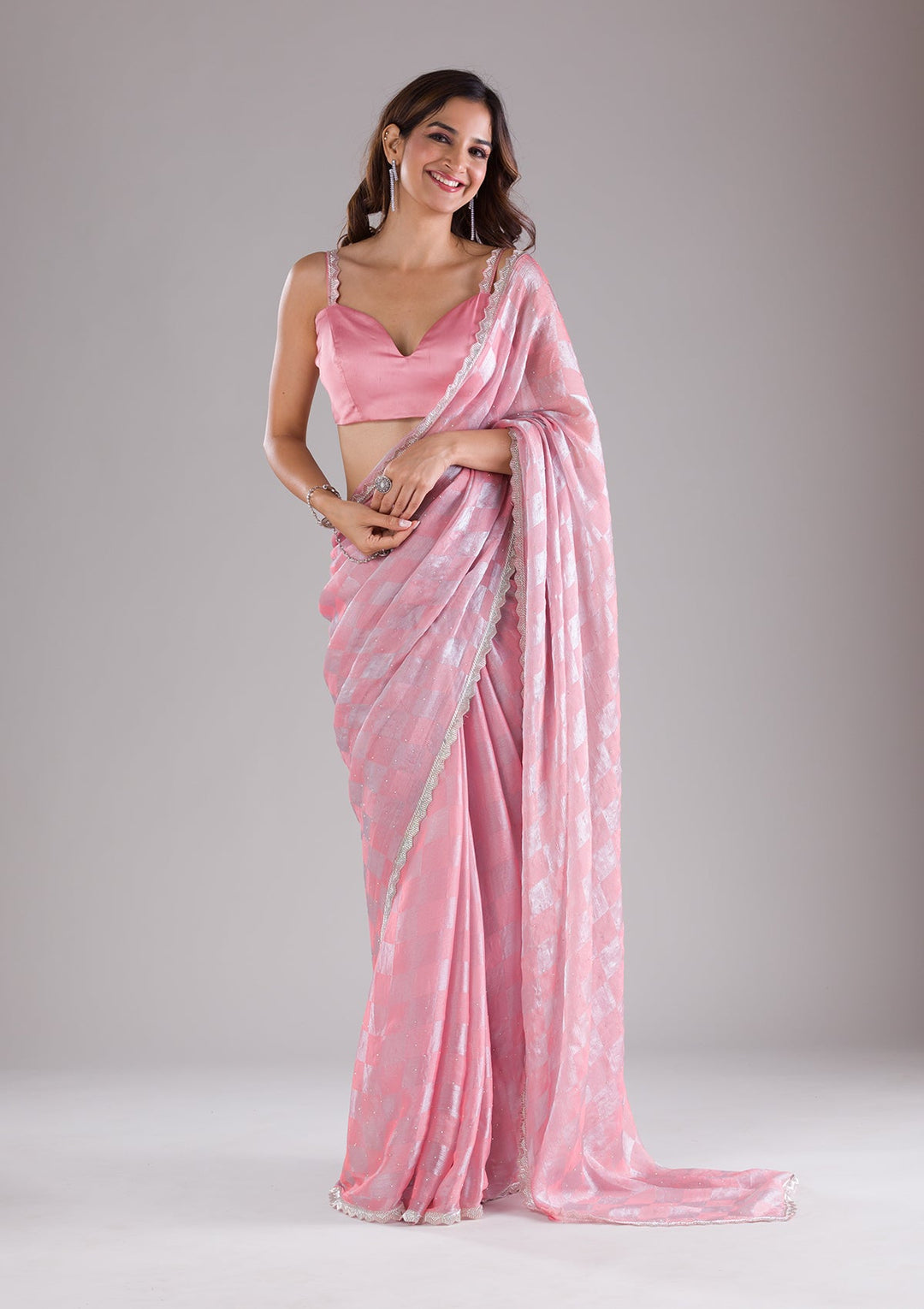 Peach Stonework Semi Crepe Saree-Koskii