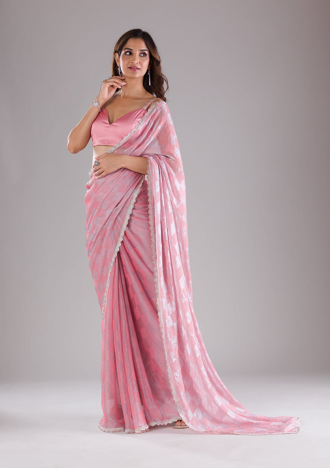 Peach Stonework Semi Crepe Saree-Koskii